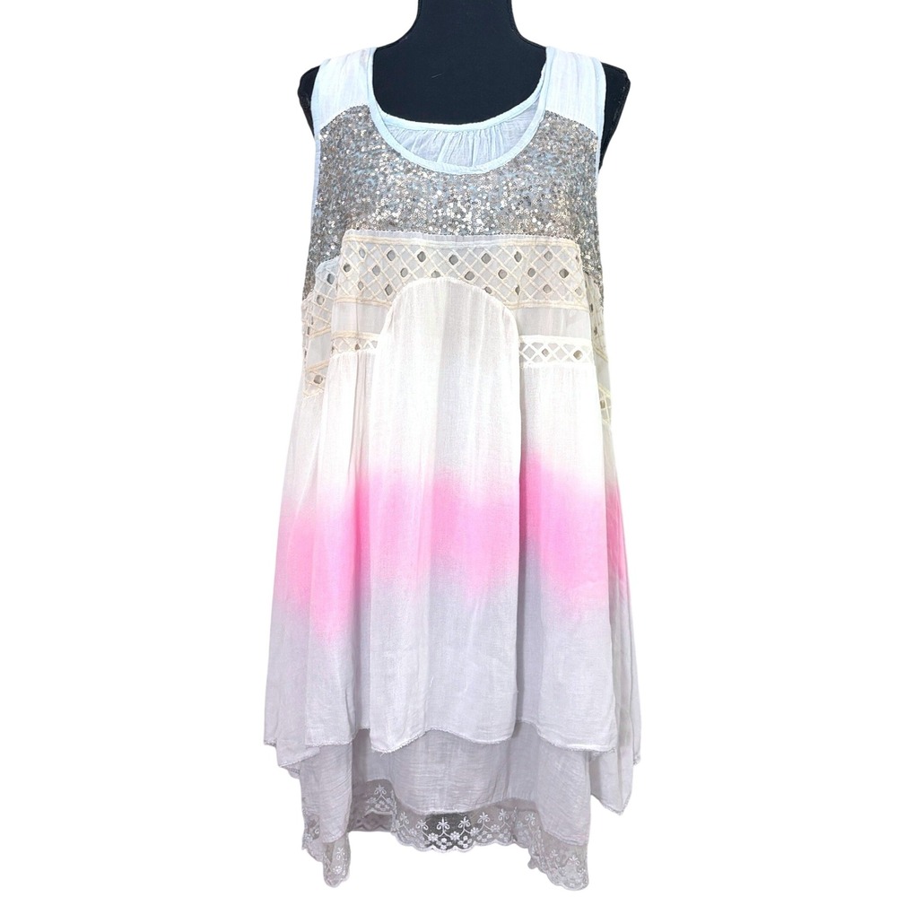 Boho Layered Tunic Dress Pink Ombre OS Lace Sequin Fairy‎ Festival Indie Italy